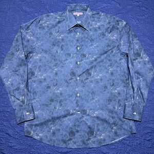 Coton Doux Blue Gold Marble Print Button Down Shirt Men's  42 16.5 L Geometric